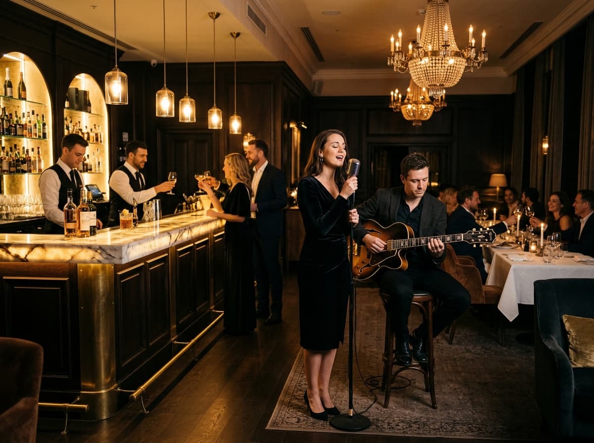 Muzycy jazzowi występujący na żywo w eleganckim wnętrzu hotelowej restauracji