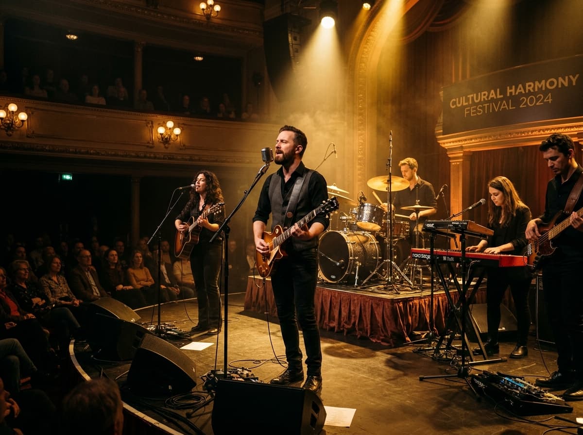 Zespół muzyczny na oświetlonej scenie teatralnej podczas prestiżowego wydarzenia kulturalnego